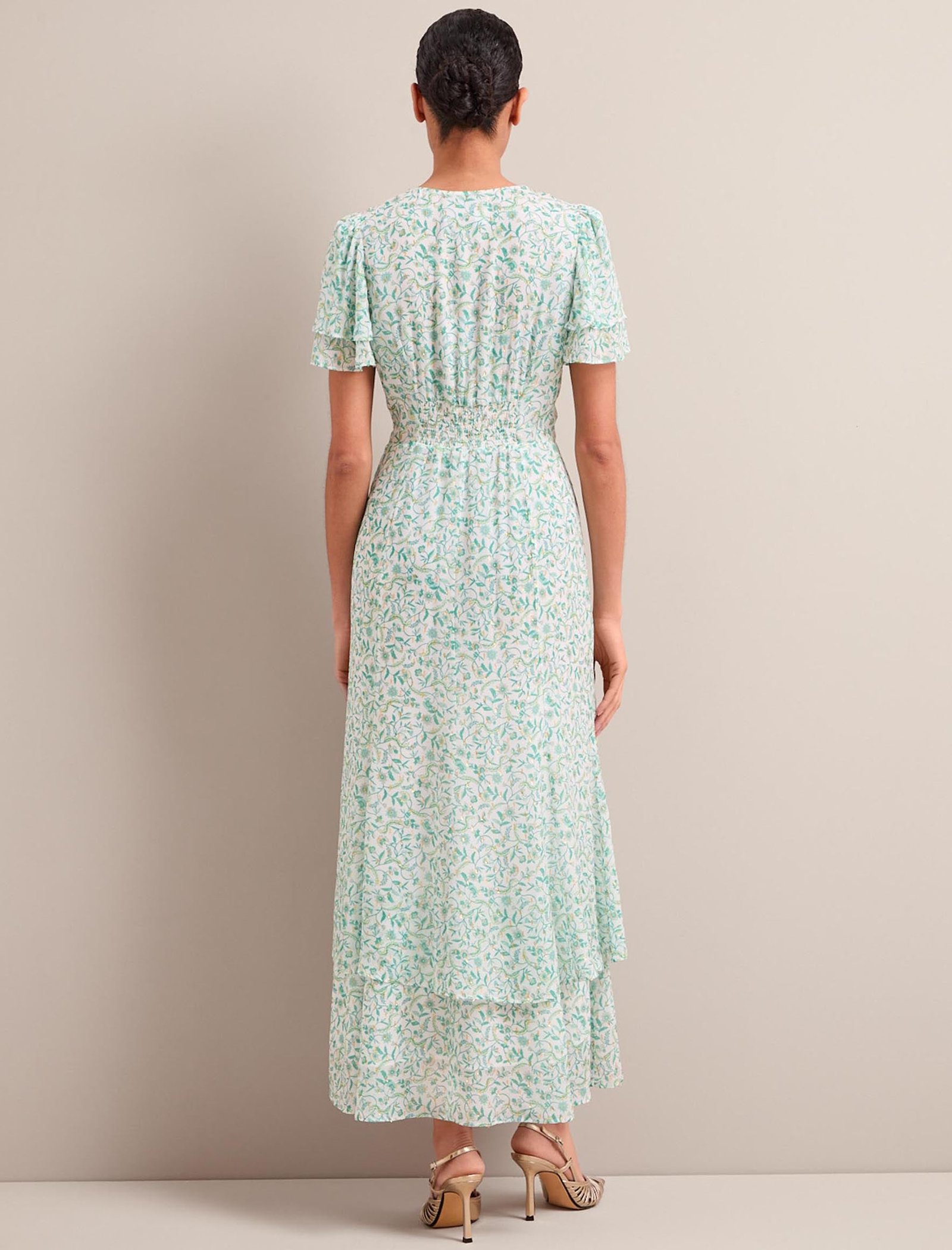 Lotta Gold Metallic Fil Coupé Maxi Dress - Green Yellow Trailing Feather Print - Image 10